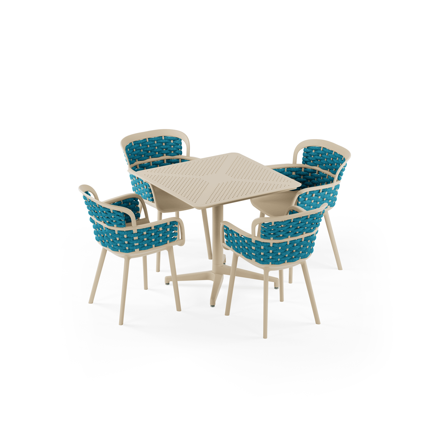 Moon 4 Kişilik Kare Polipropilen Masa Bej & Eva-P Örgülü Sandalye Bej Mavi