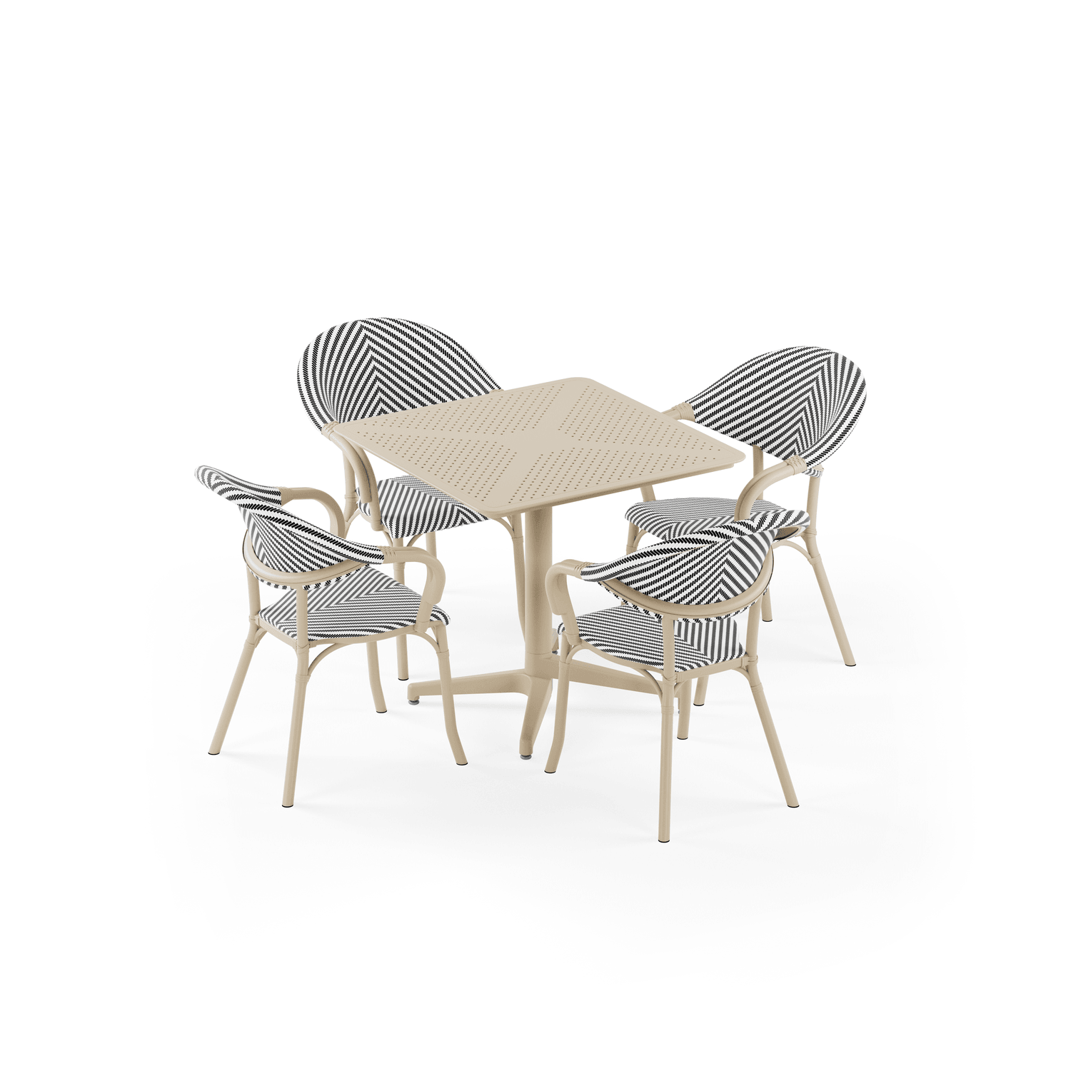 Moon 4 Kişilik Kare Polipropilen Masa Bej & Flash-N Kollu Sandalye Bej Siyah Beyaz Desenli