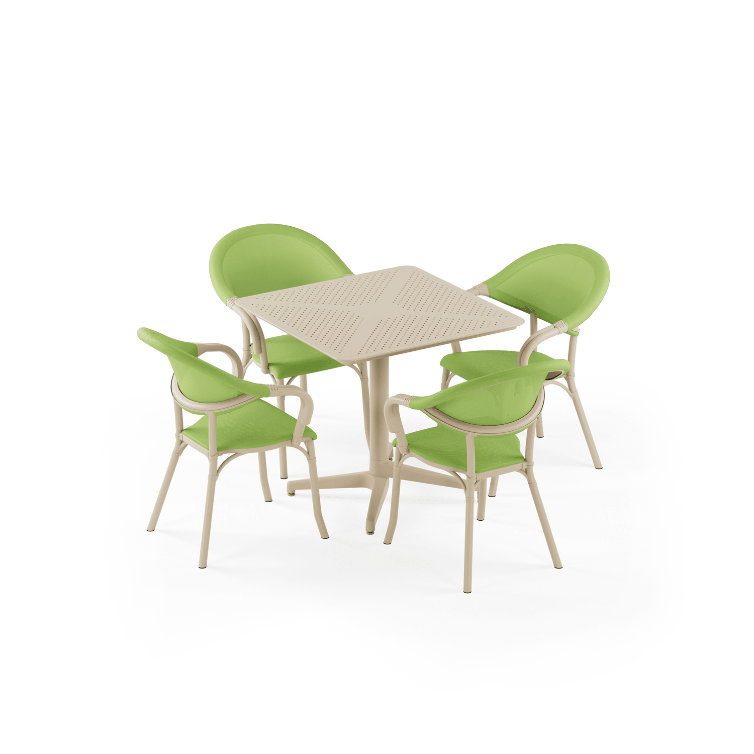 Moon 4 Kişilik Kare Polipropilen Masa Bej & Flash-N Kollu Sandalye Bej Yeşil