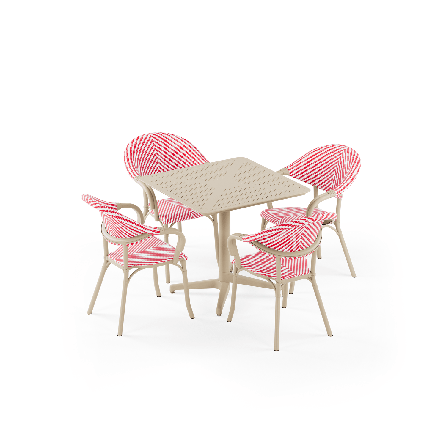 Moon 4 Kişilik Kare Polipropilen Masa Bej & Flash-N Kollu Sandalye Bej Kırmızı Beyaz Desenli