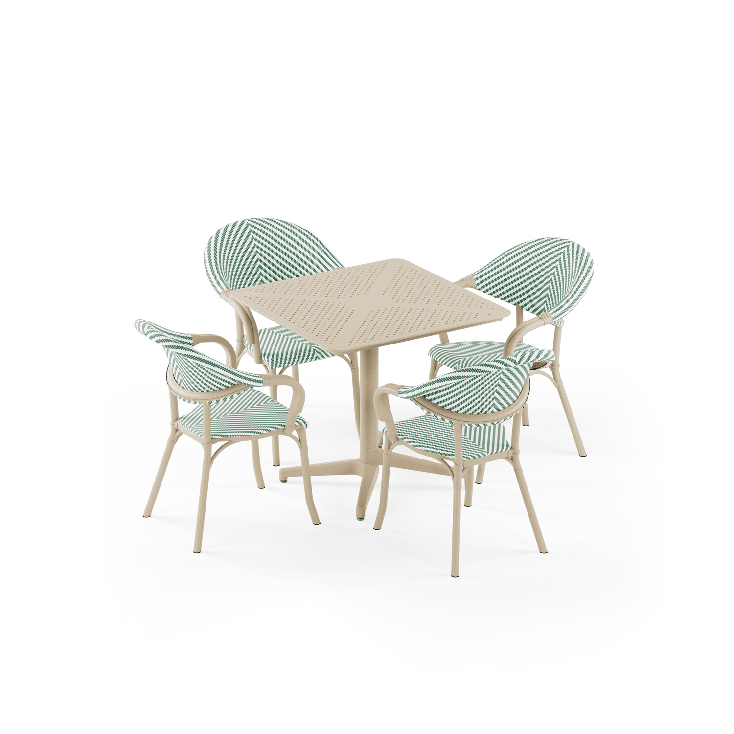 Moon 4 Kişilik Kare Polipropilen Masa Bej & Flash-N Kollu Sandalye Bej Yeşil Beyaz Desenli