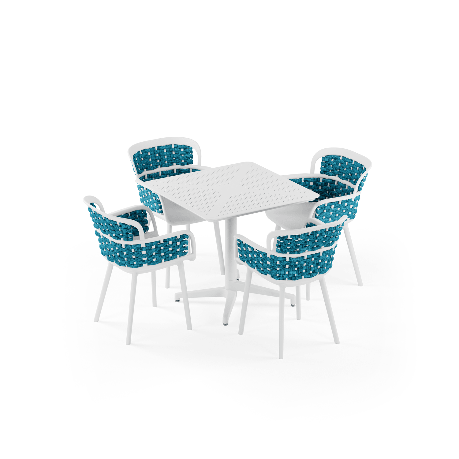 Moon 4 Kişilik Kare Polipropilen Masa Beyaz & Eva-P Örgülü Sandalye Beyaz Mavi
