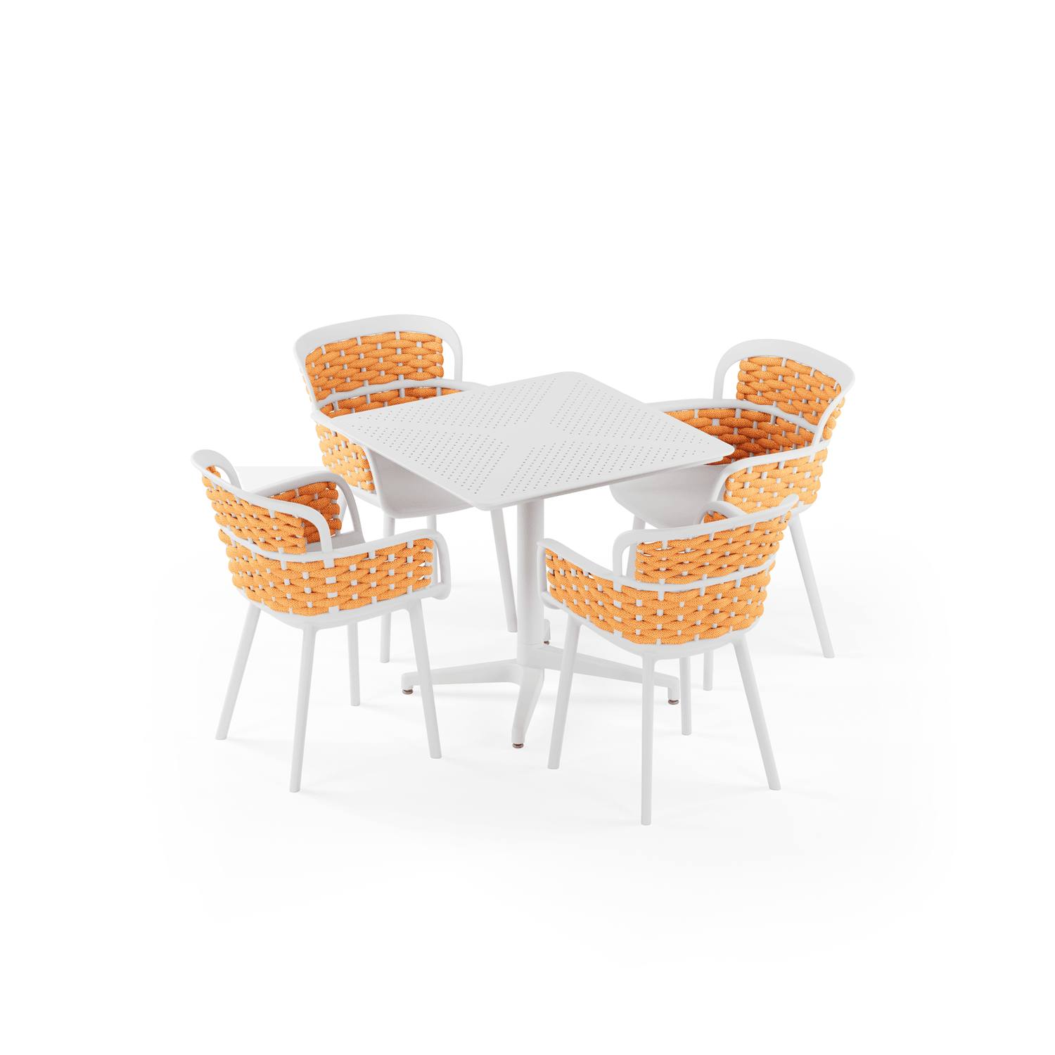 Moon 4 Kişilik Kare Polipropilen Masa Beyaz & Eva-P Örgülü Sandalye Beyaz Turuncu