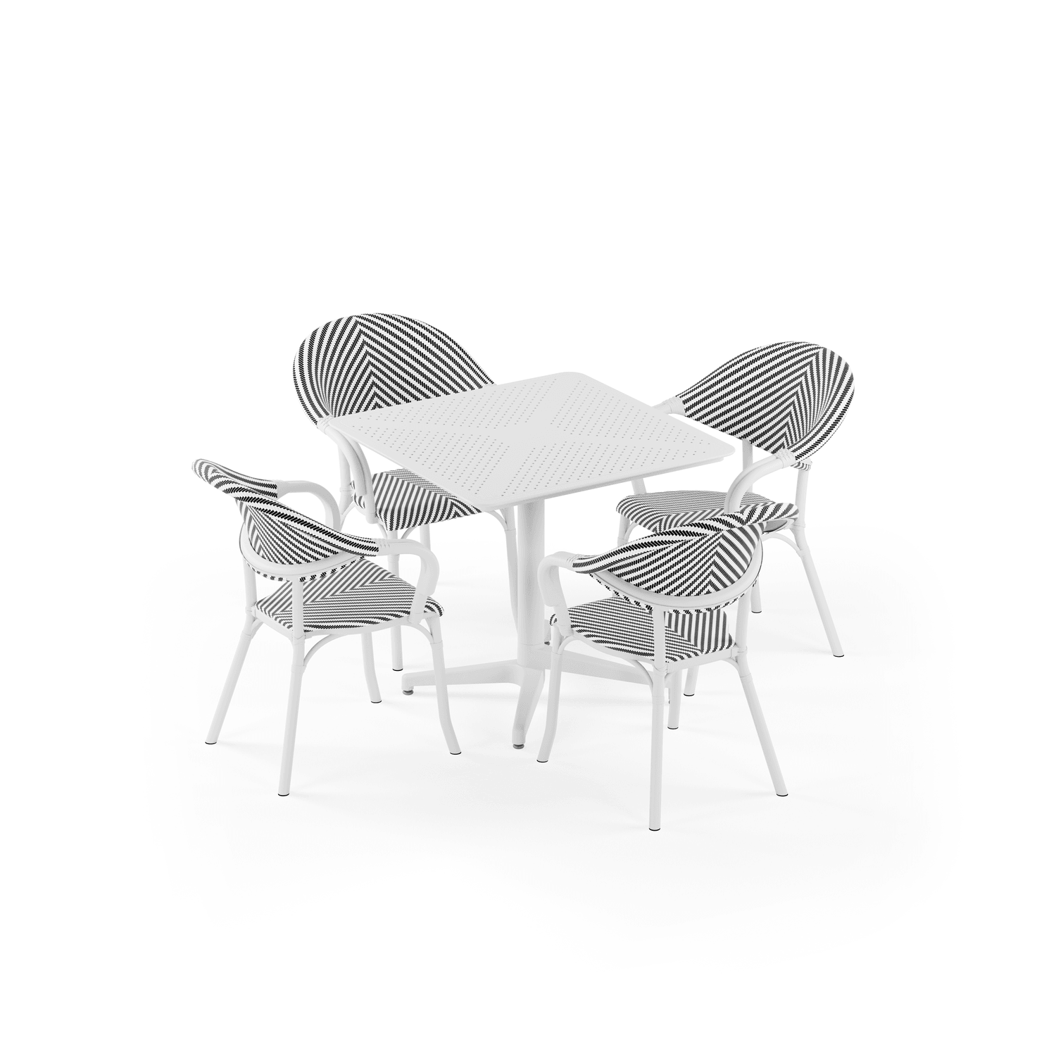 Moon 4 Kişilik Kare Polipropilen Masa Beyaz & Flash-N Kollu Sandalye Beyaz Siyah Beyaz Desenli