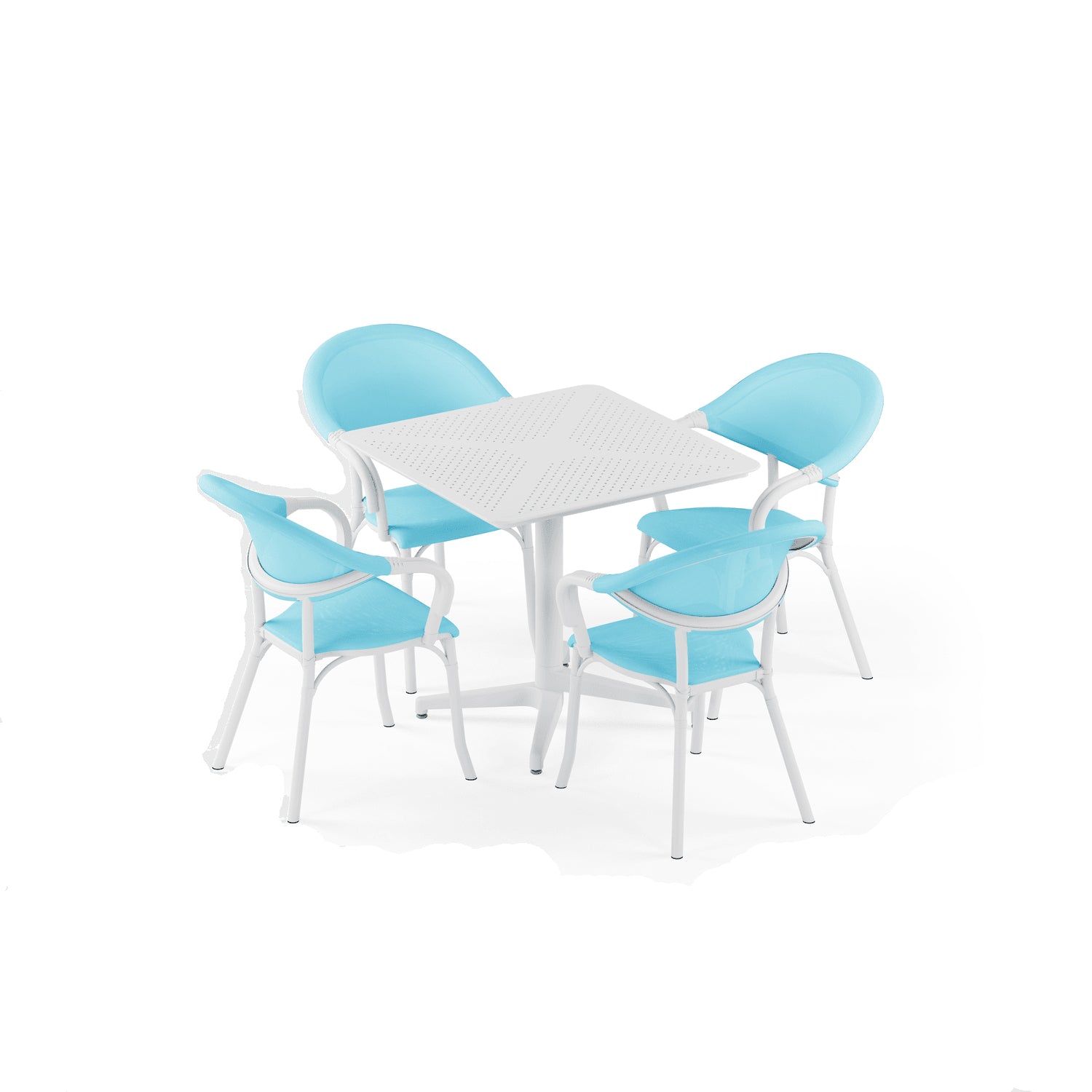 Moon 4 Kişilik Kare Polipropilen Masa Beyaz & Flash-N Kollu Sandalye Beyaz Turkuaz
