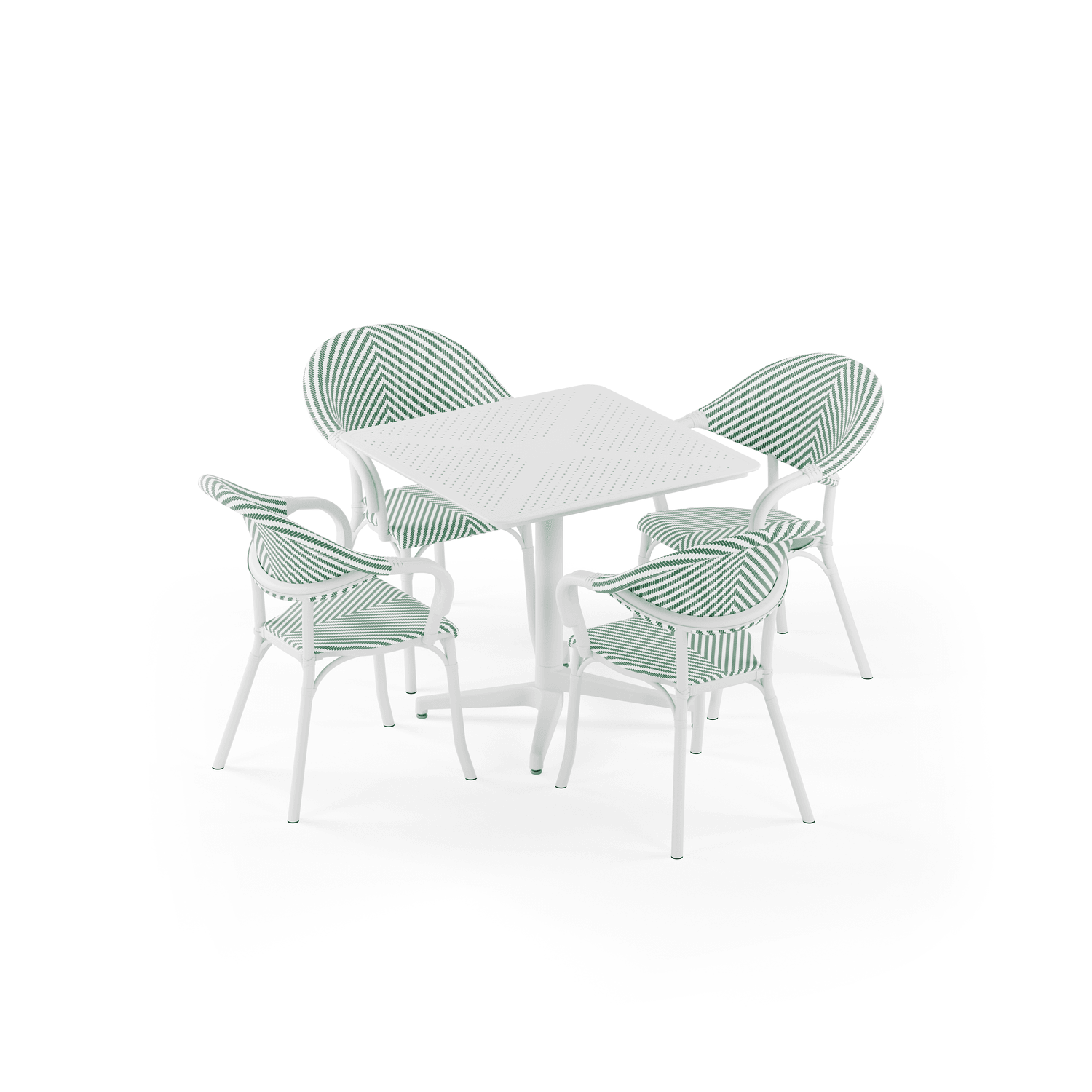 Moon 4 Kişilik Kare Polipropilen Masa Beyaz & Flash N Kollu Sandalye Beyaz Yeşil Beyaz Desenli