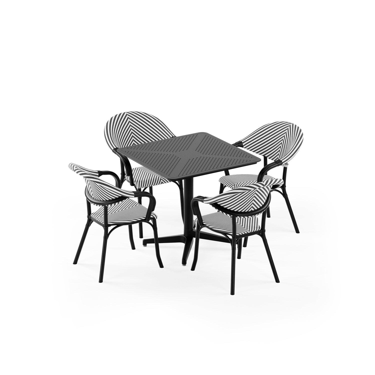 Moon 4 Kişilik Kare Polipropilen Masa Siyah & Flash-N Kollu Sandalye Siyah Beyaz Desenli
