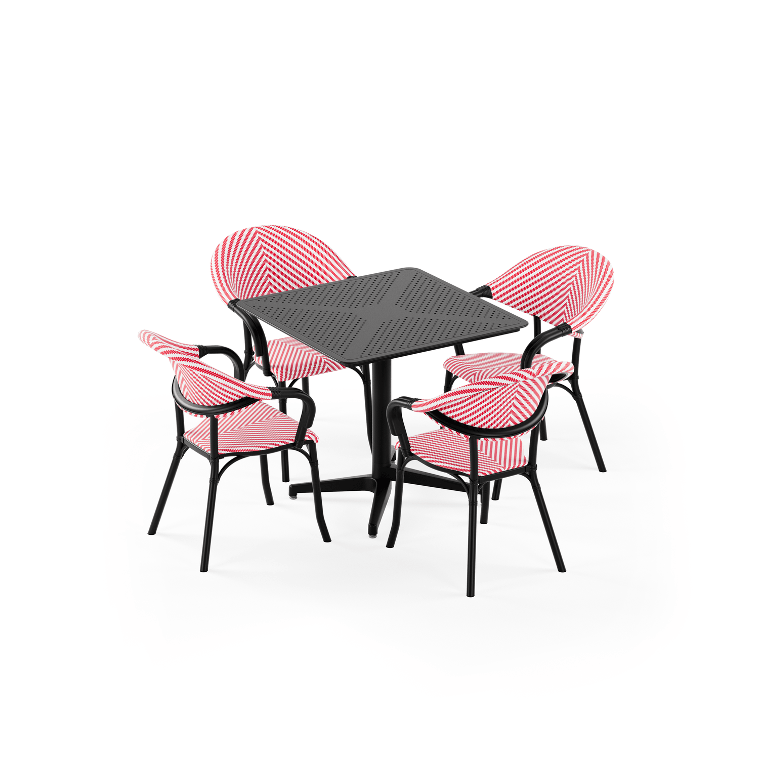 Moon 4 Kişilik Kare Polipropilen Masa Siyah & Flash-N Kollu Sandalye Siyah Kırmızı Beyaz Desenli