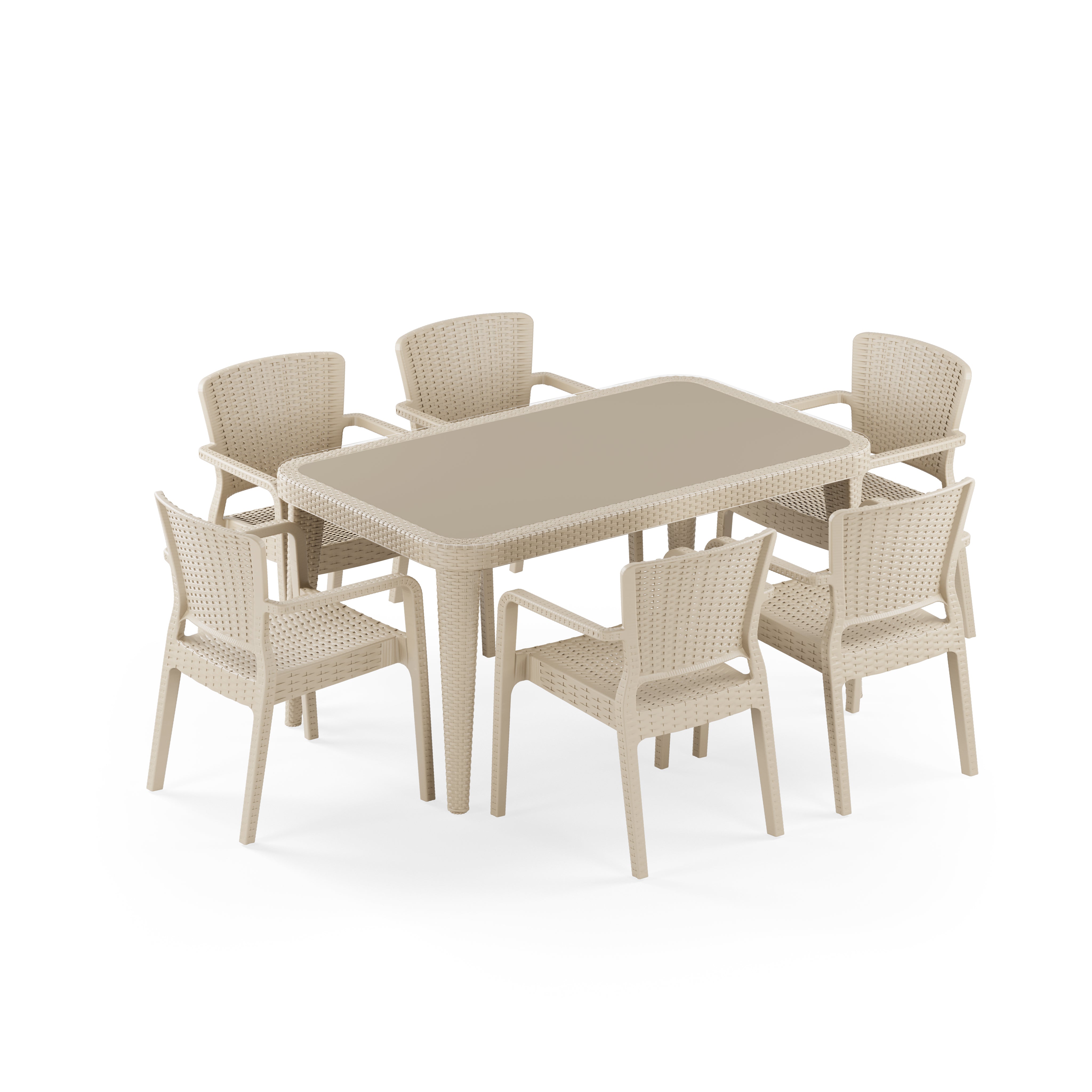 Osaka 6 Kişilik Dikdörtgen Polipropilen Masa Bej & Antares Kollu Sandalye Bej