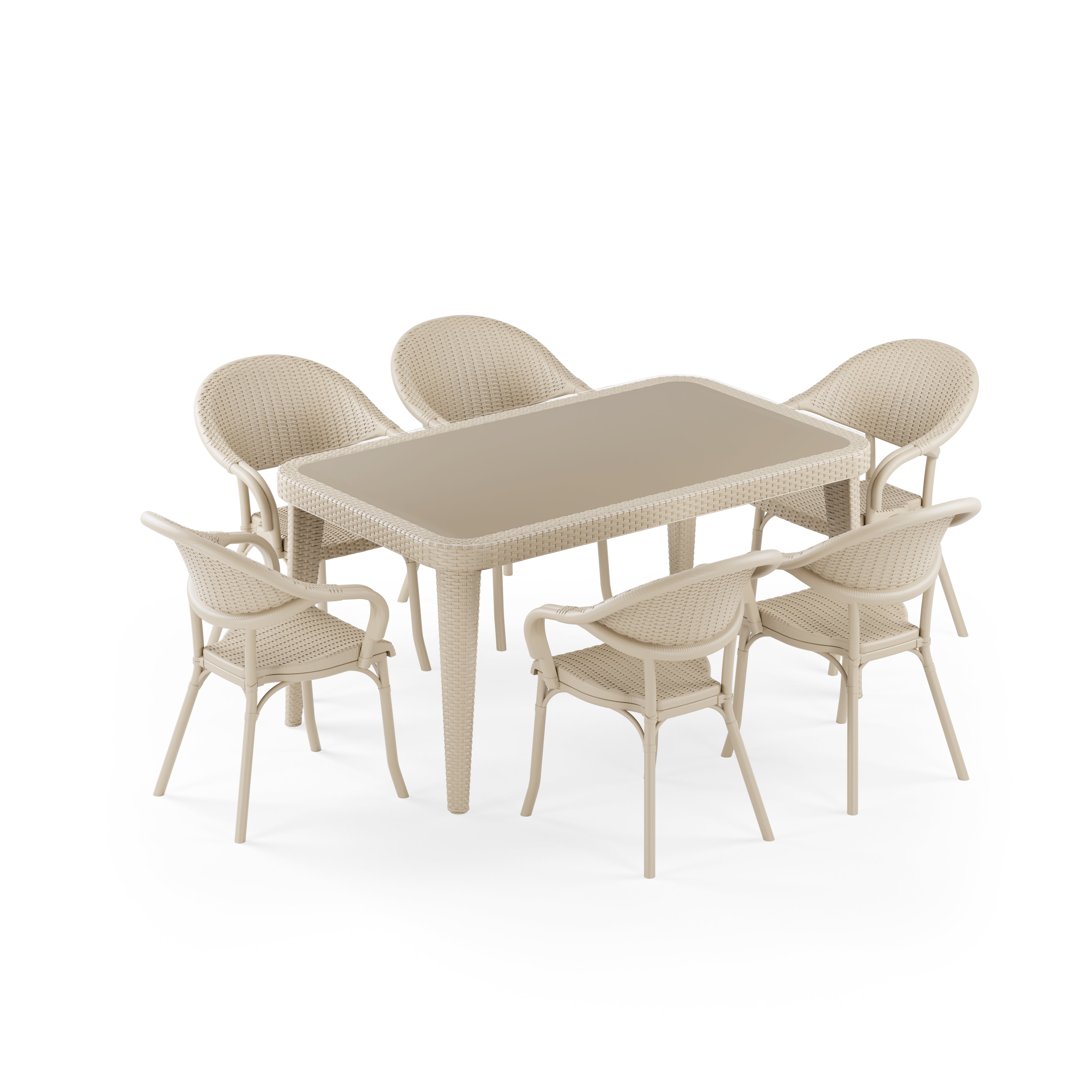 Osaka 6 Kişilik Dikdörtgen Polipropilen Masa Bej & Flash-R Kollu Sandalye Bej