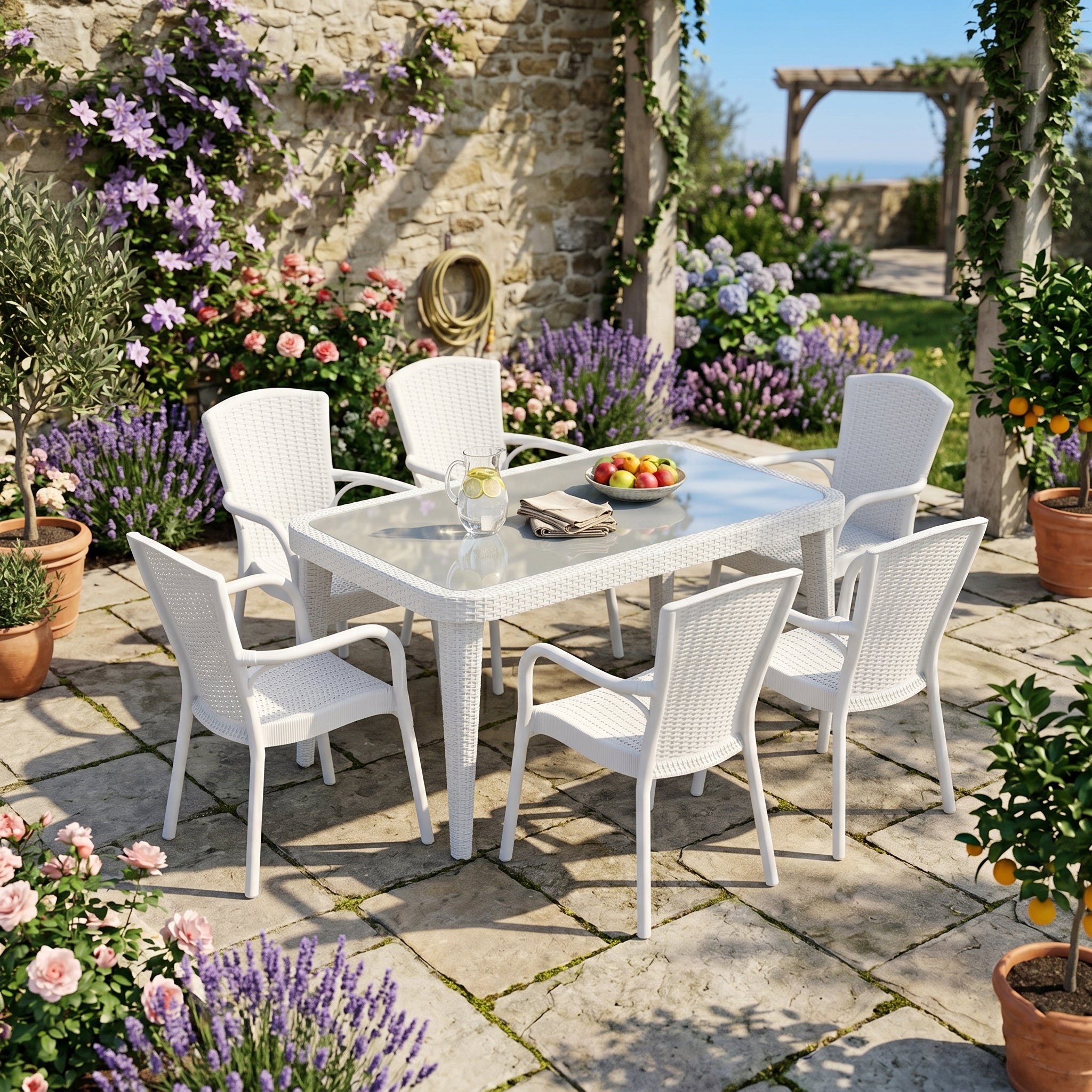 Osaka 6 Kişilik Dikdörtgen Polipropilen Masa Beyaz & Royal Sandalye Beyaz