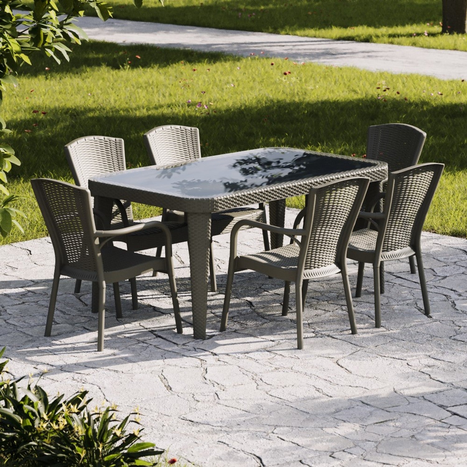 Osaka 6 Kişilik Dikdörtgen Polipropilen Masa Vizon & Royal Sandalye Vizon